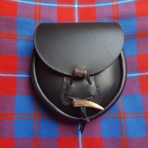 The Kilt Experience Hand-stitched Classic Antler Sporran, Black Leather, Galloway Red Tartan