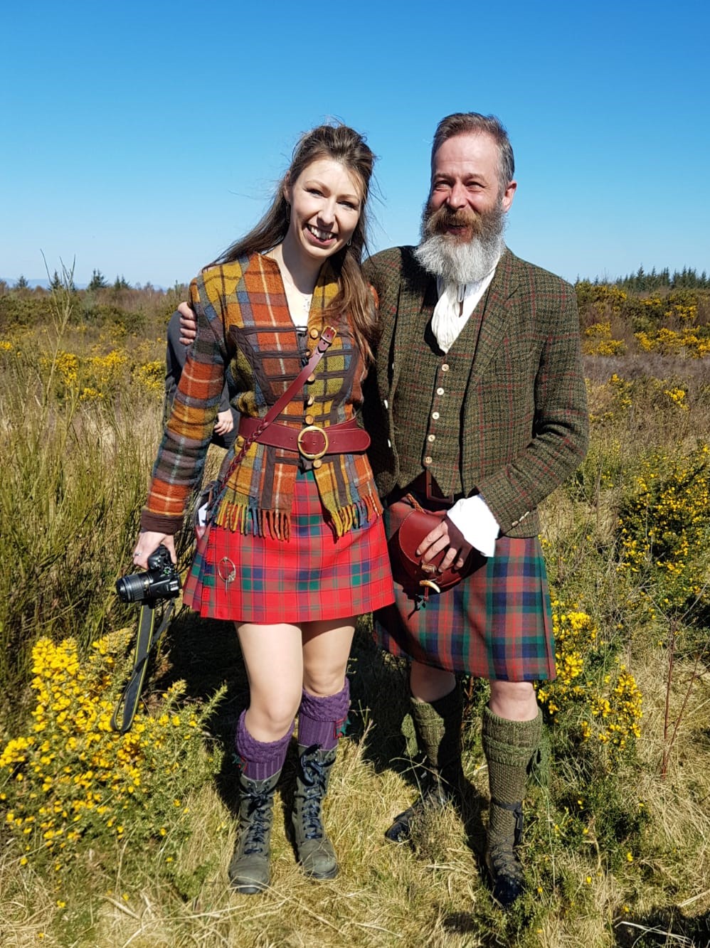 Handsewn made-to-measure kilts, handstitched leather Antler Sporran and Leather Kilt belt, Robertson tartan kilt, MacDuff Tartan kilt, Tweed kilt jacket and waistcoat, House of Cheviot socks, Culloden, Scotland