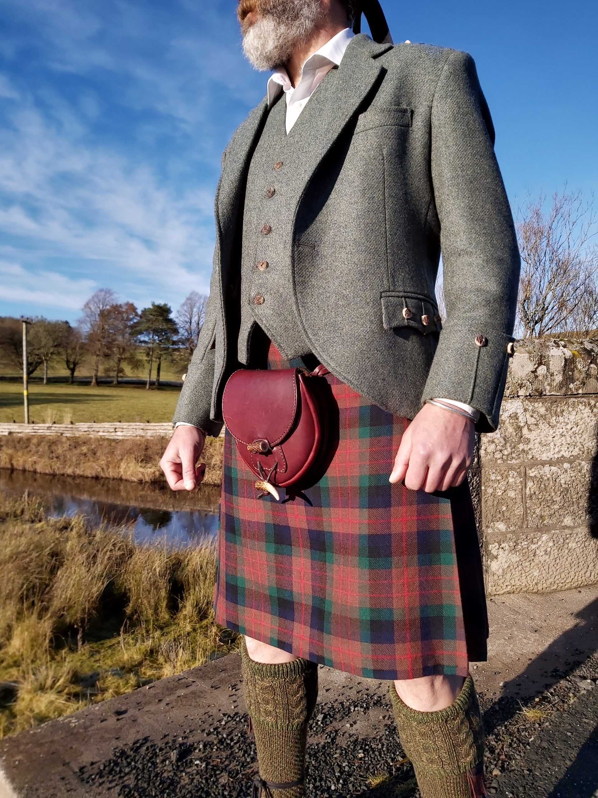 The Kilt Experience Handsewn Kilt, made-to-measure Elliots Estate Tweed outfit, Hand-stitched leather Antler sporran, House of Cheviot Socks, Made in Scotland, Scottish Borders