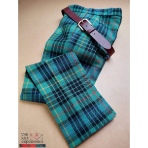 The Kilt Experience Tailored Tartan Trousers Trews Stewart Hunting Tartan Oxblood Leather Handsewn Belt