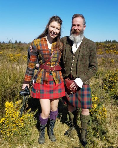 Zoë & Ant Handsewn made-to-measure kilts, handstitched leather Antler Sporran and Leather Kilt belt, Robertson tartan kilt, MacDuff Tartan kilt, Tweed kilt jacket and waistcoat, House of Cheviot socks, Culloden, Scotland